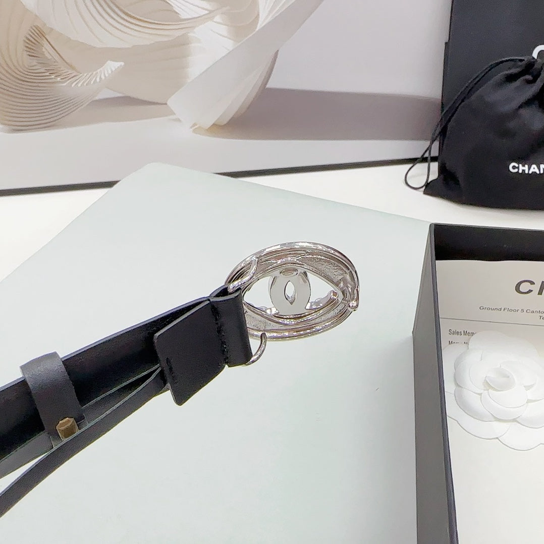 Cc 30Mm Belt In Black Calfskin Silver Hardware Attach Pearls