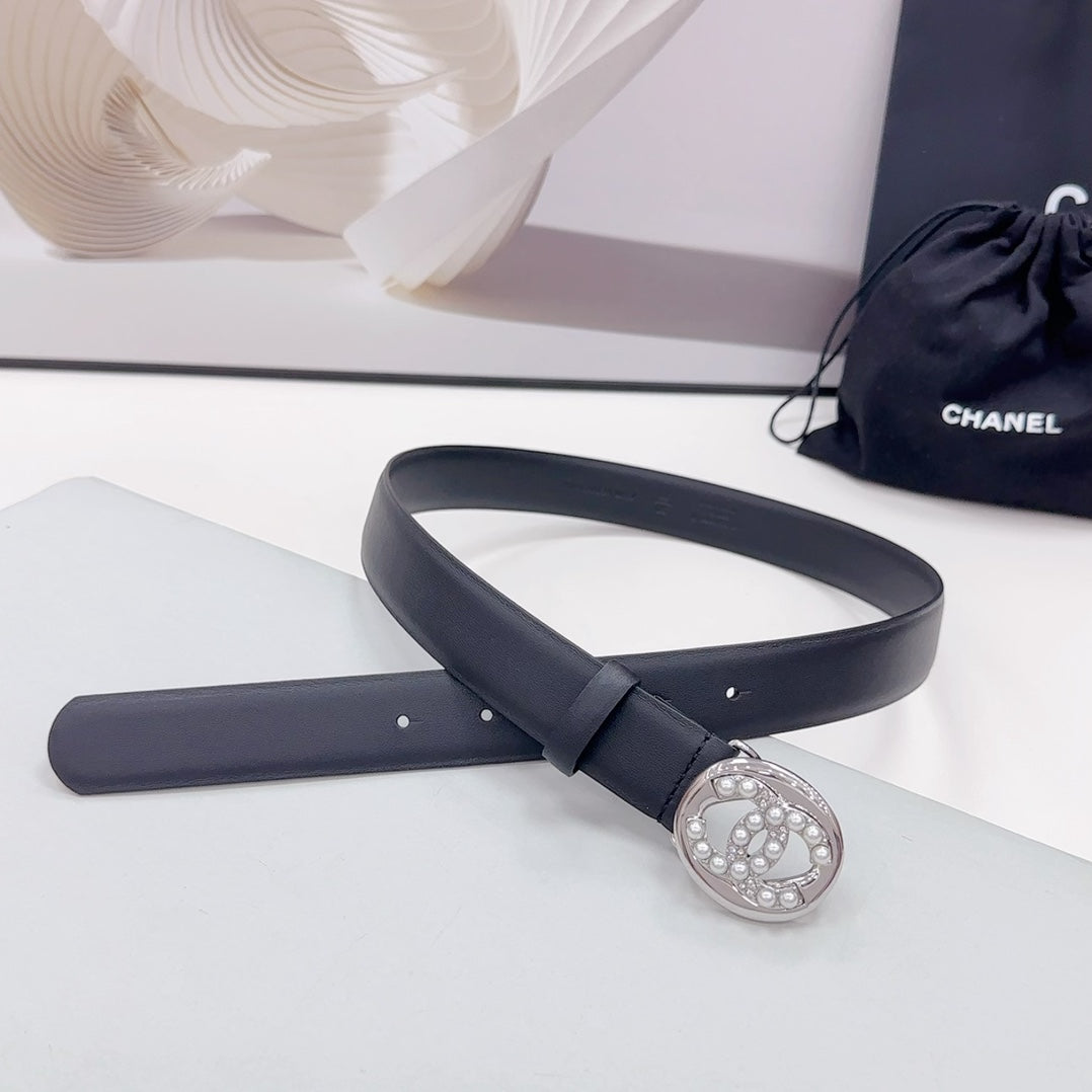 Cc 30Mm Belt In Black Calfskin Silver Hardware Attach Pearls
