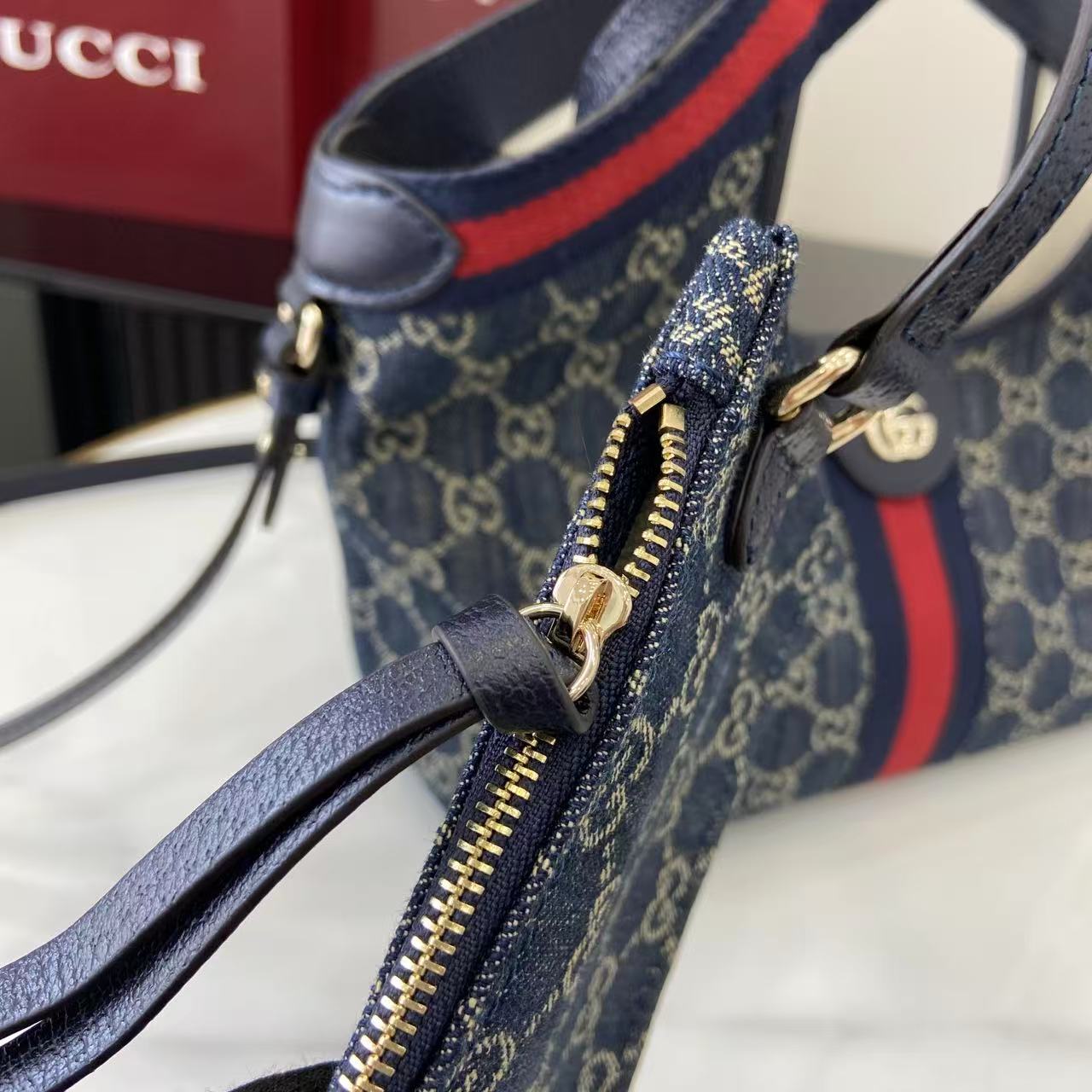 Gucci 25 Giglio 25cm Bag Blue Denim Leather 292387