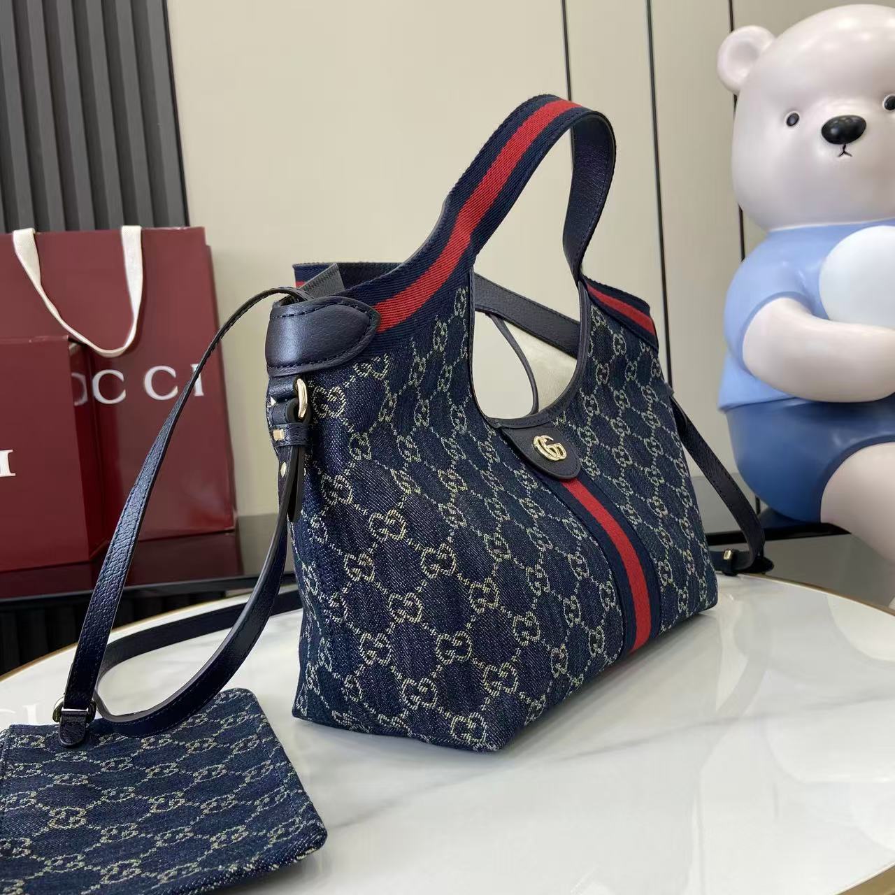 Gucci 25 Giglio 25cm Bag Blue Denim Leather 292387