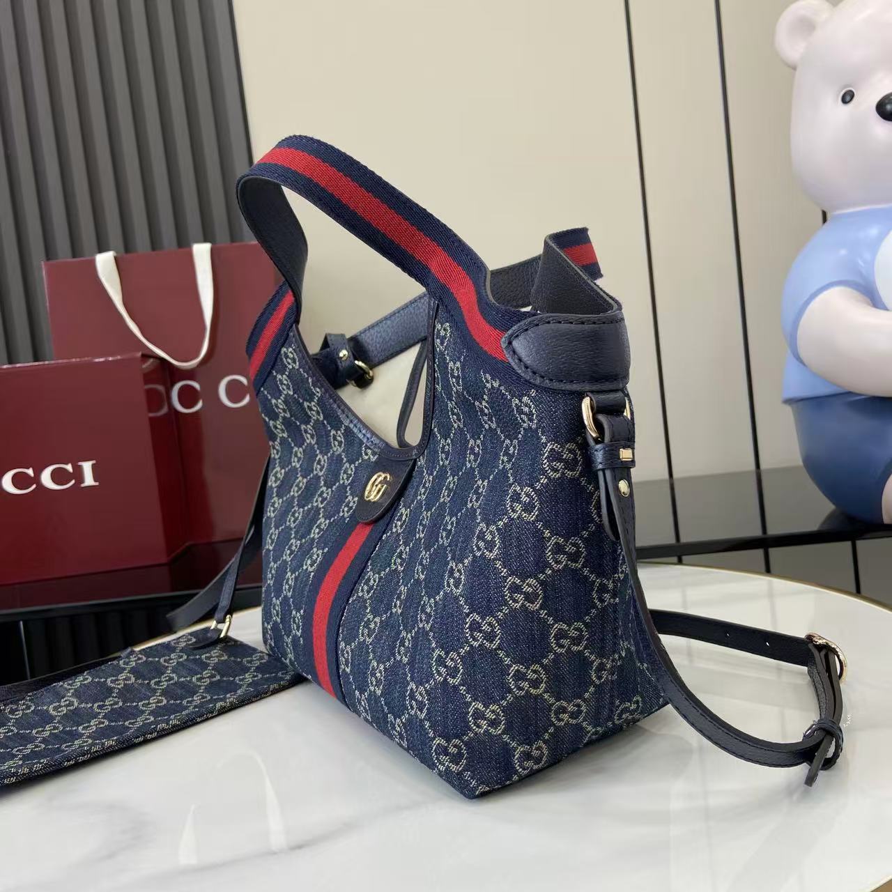 Gucci 25 Giglio 25cm Bag Blue Denim Leather 292387