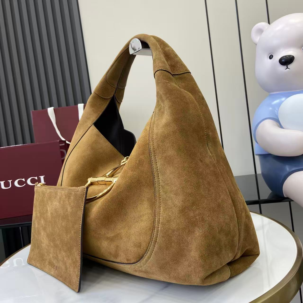 Gucci 25 Softbit Brown Gold Suede Leather 290512