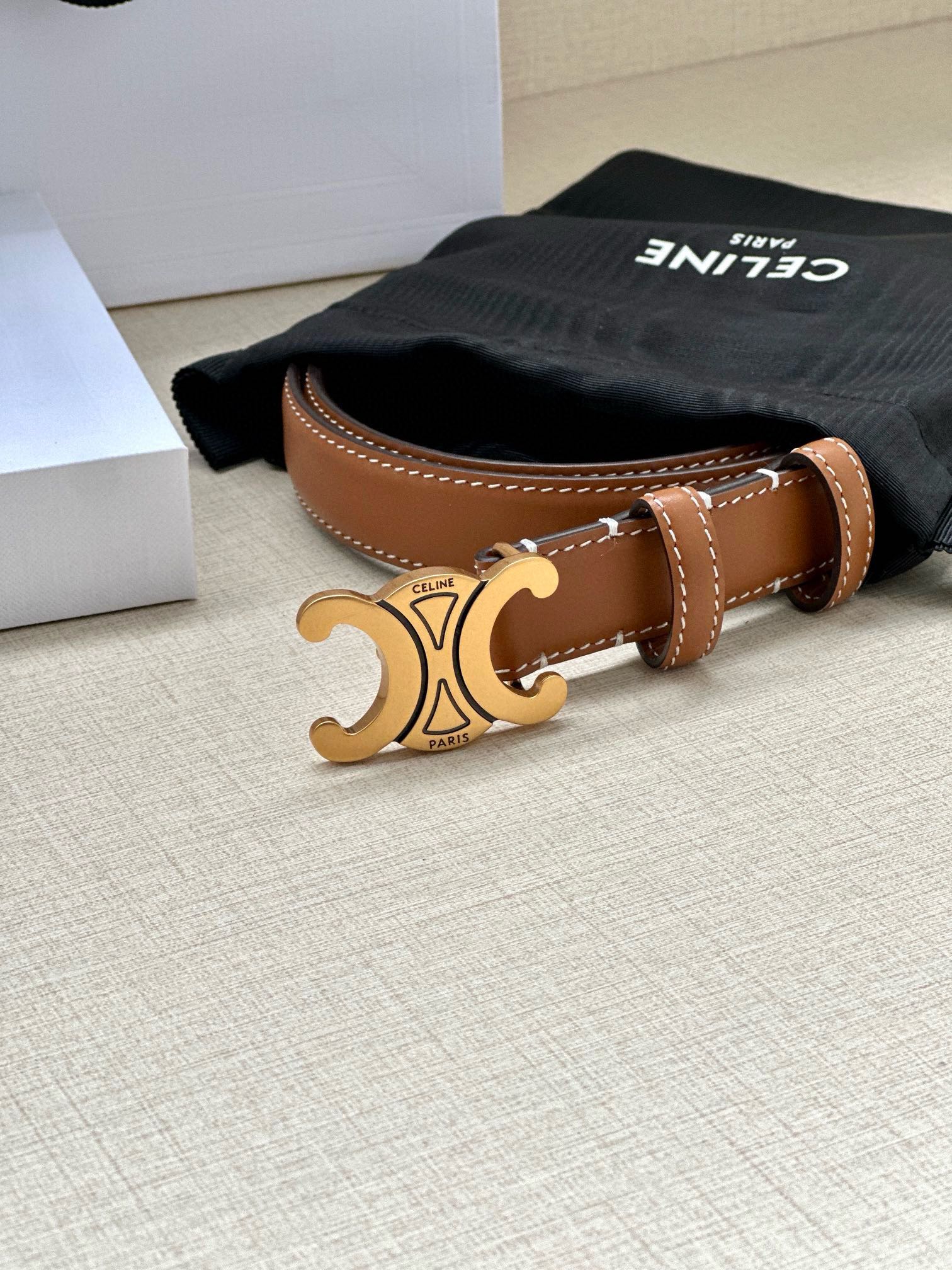 Celine 25S Belt Triomphe Taurillon 25Mm In Caramel Calfskin 557498