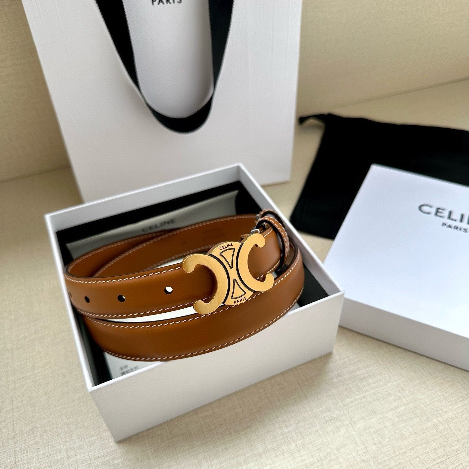 Celine 25S Belt Triomphe Taurillon 25Mm In Caramel Calfskin 557498