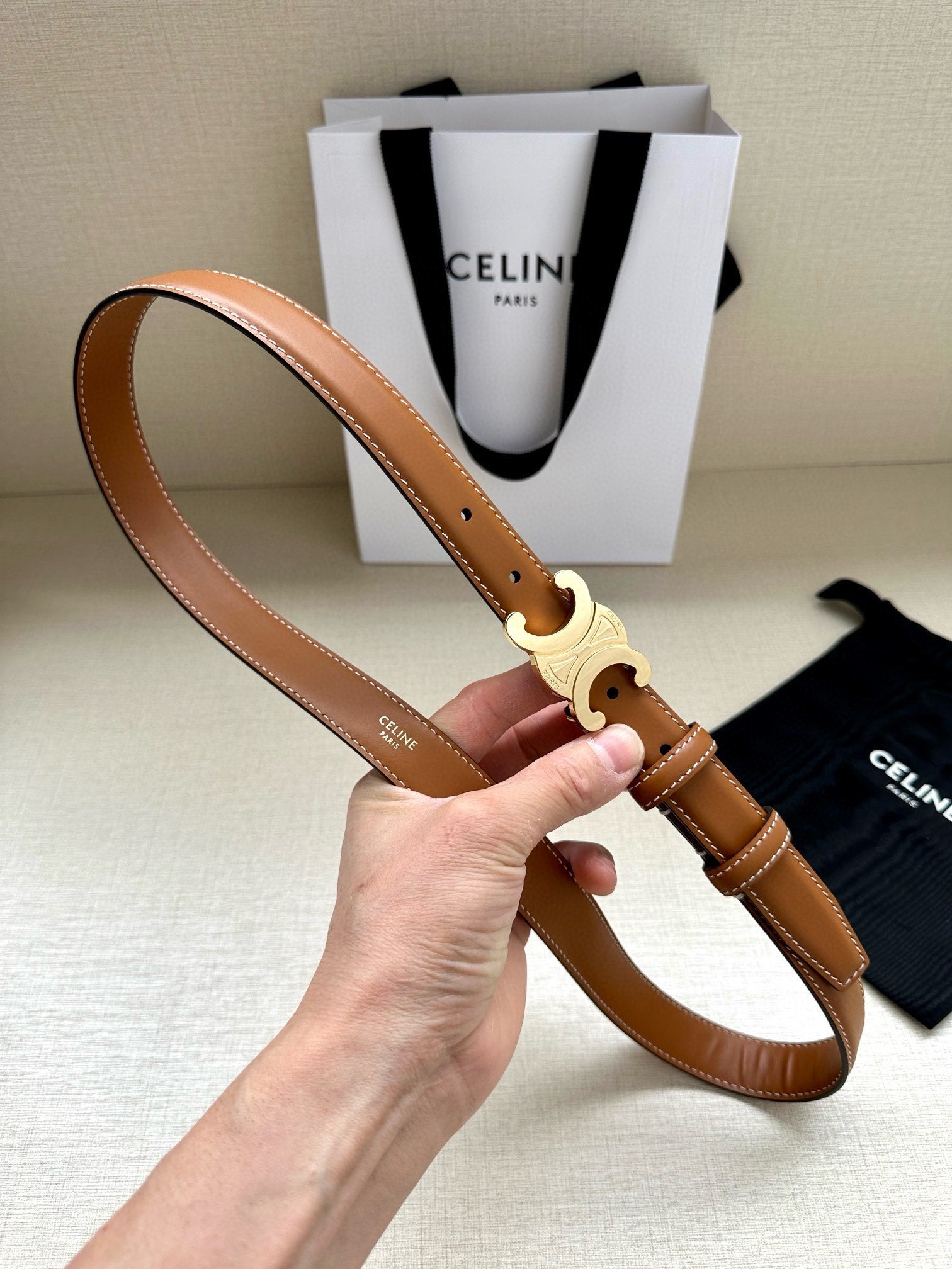 Celine 25S Belt Triomphe Taurillon 25Mm In Caramel Calfskin 557500
