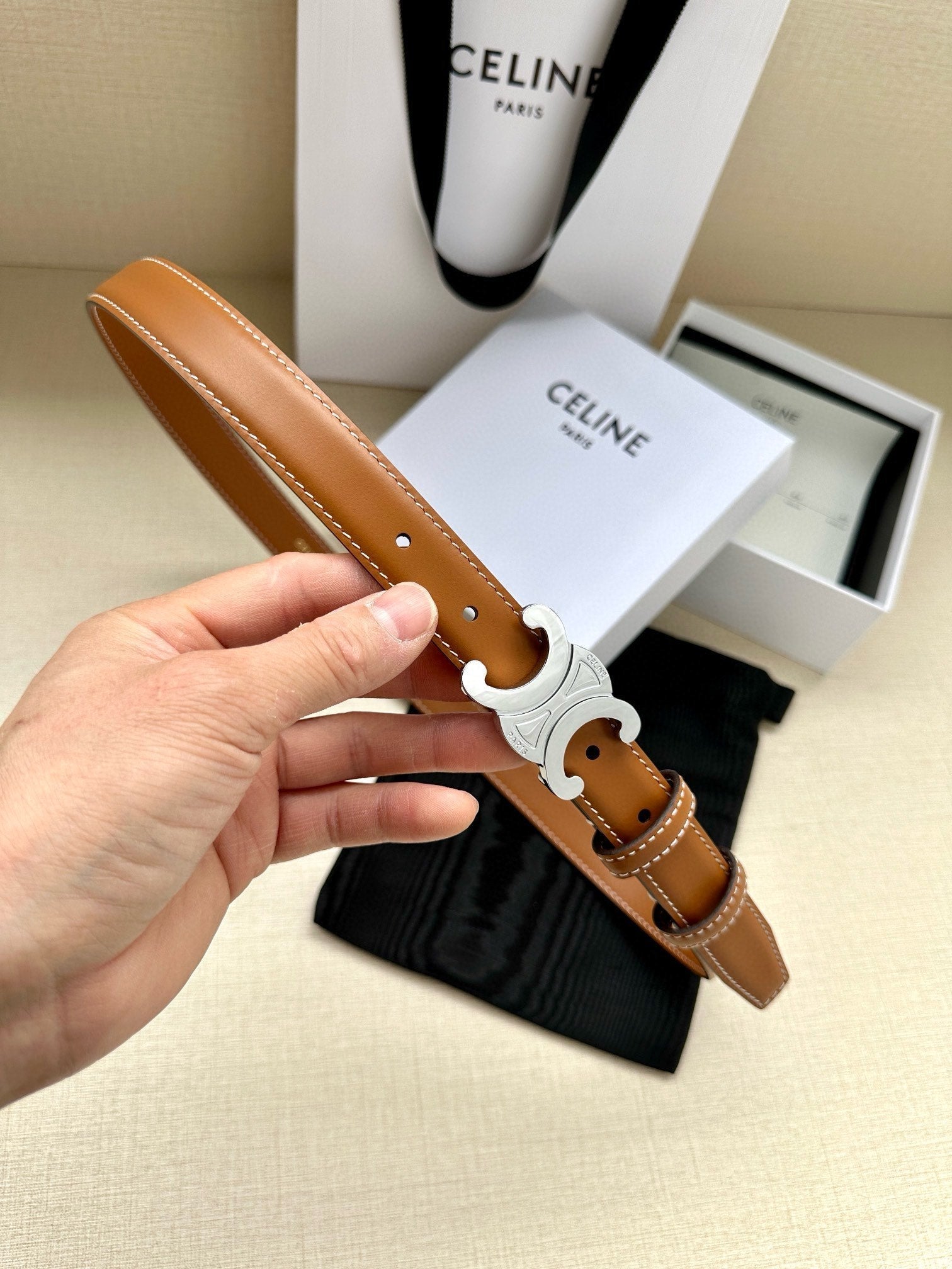 Celine 25S Belt Triomphe Taurillon 25Mm In Caramel Calfskin 557501