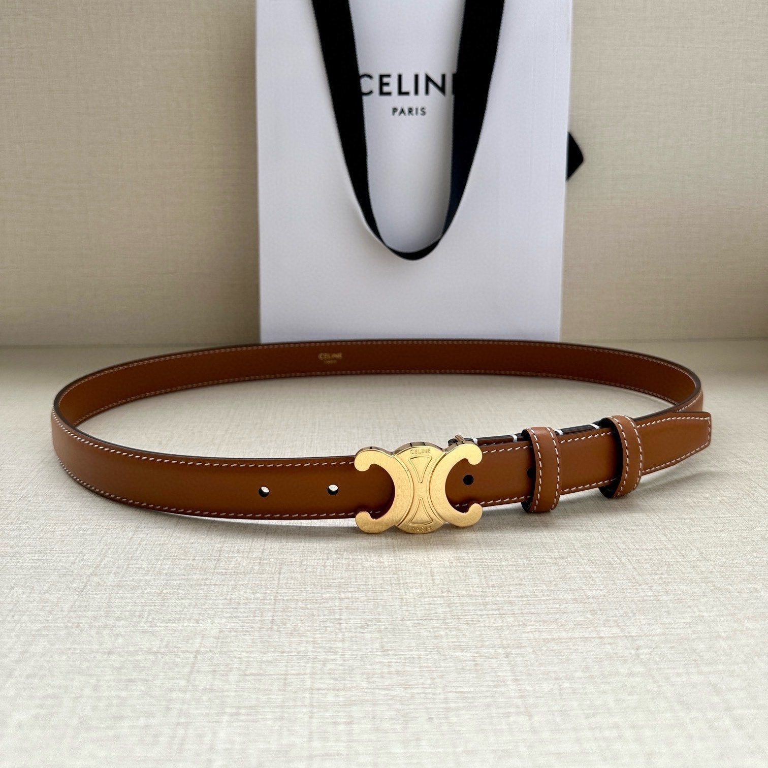 Celine 25S Belt Triomphe Taurillon 25Mm In Caramel Calfskin 557502