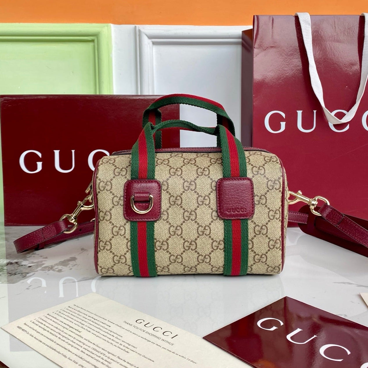 Gucci 25 GG Handbag Beige mix Rosso Ancora Red Canvas Leather 286710