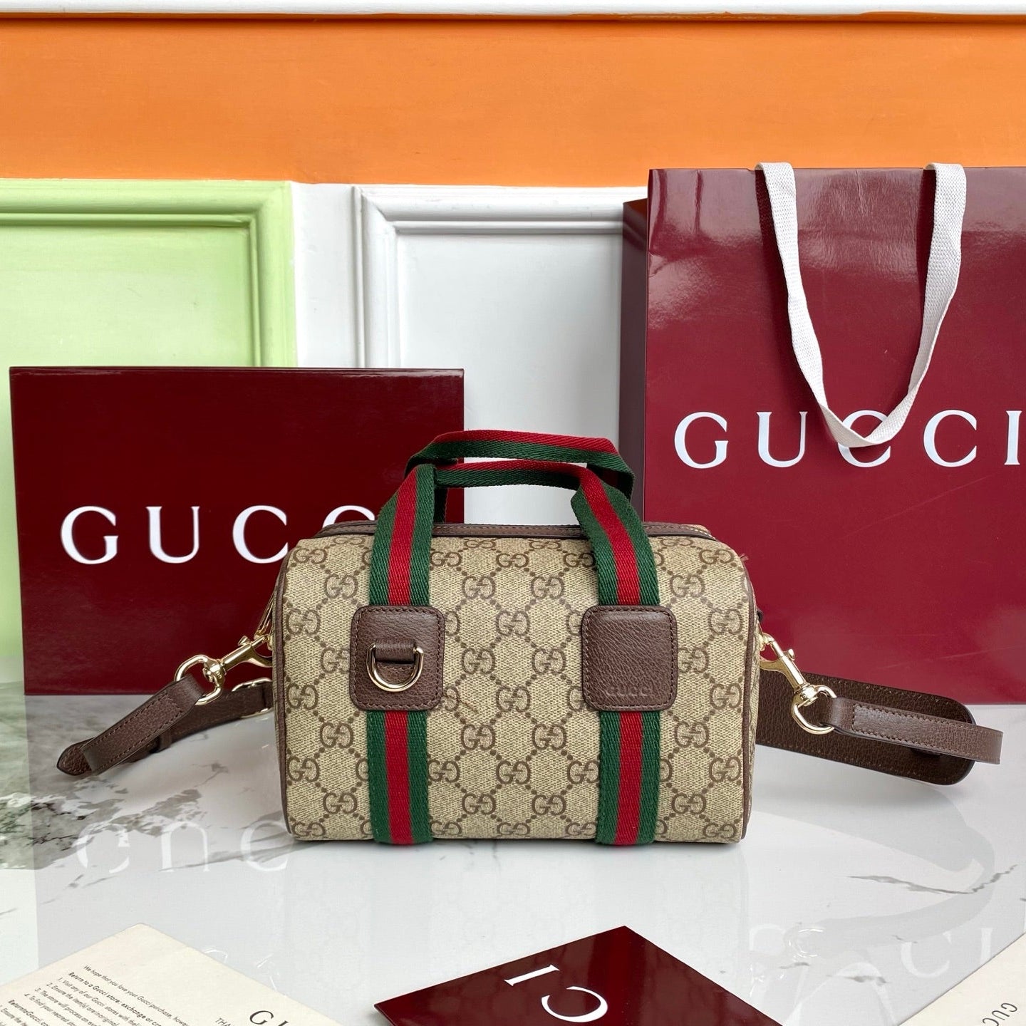 Gucci 25 GG Handbag Beige mix Dark Brown Canvas Leather 286711