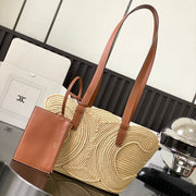 Celine Classic Panier 36cm Braieded Triomphe Beige Raffia Brown Calfskin