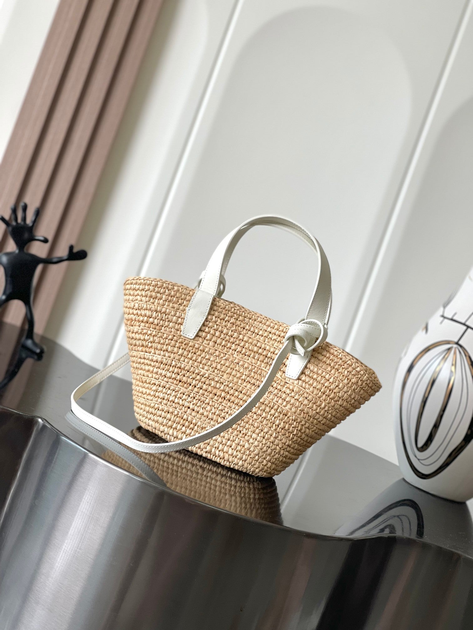 Celine Nano Supple 22cm White Calfskin Beige Raffia