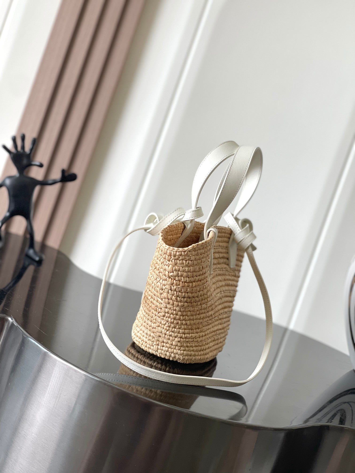 Celine Nano Supple 22cm White Calfskin Beige Raffia