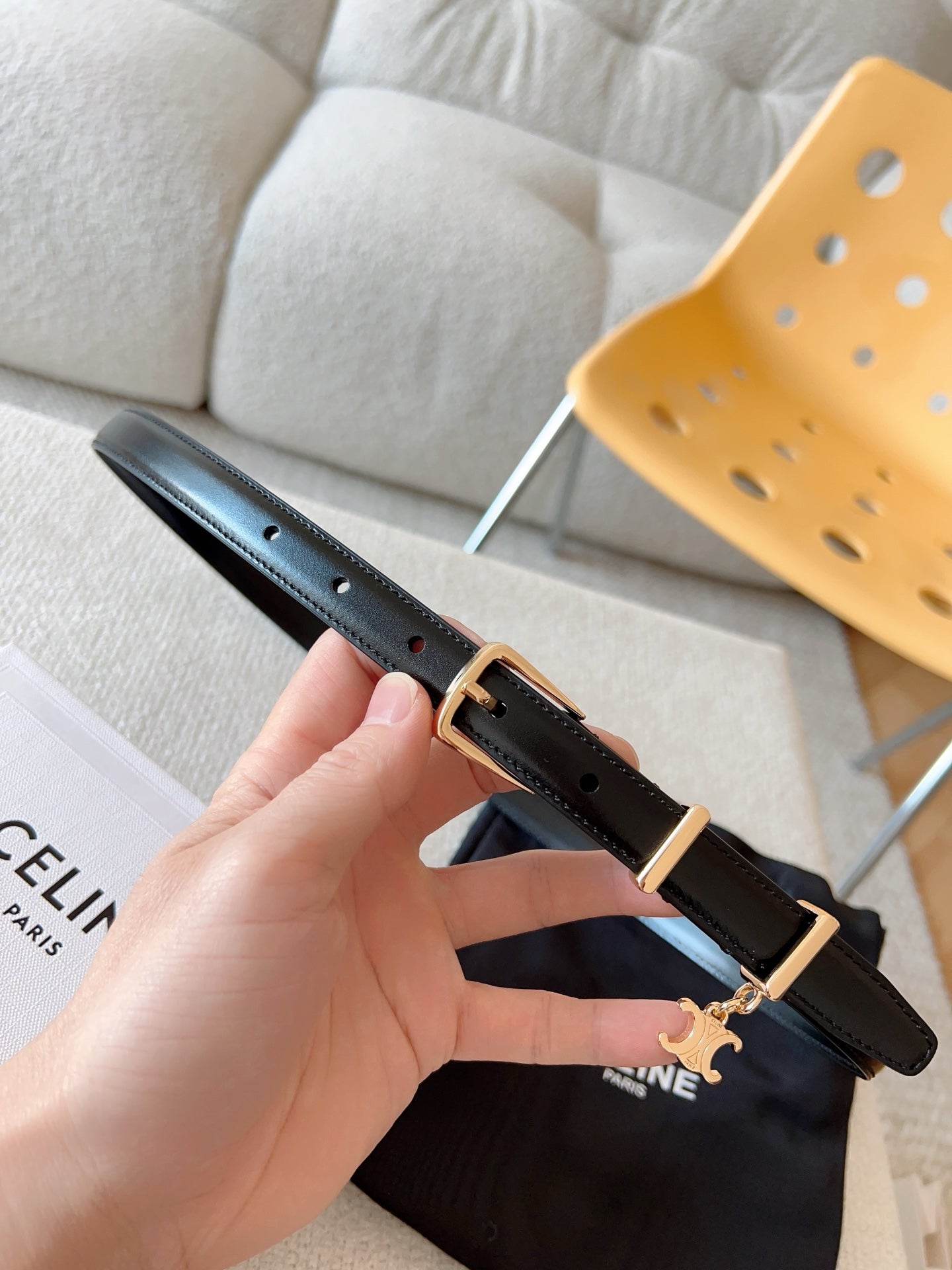 Celine 25S Belt 18Mm In Black Elegant Charm Taurillon Gold Hardware 585792