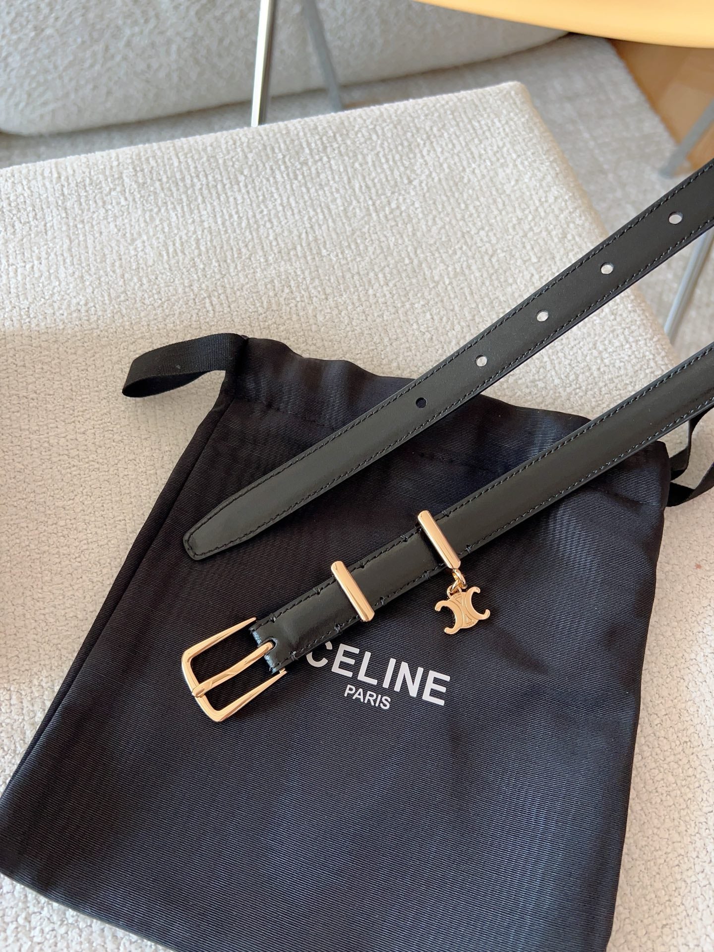 Celine 25S Belt 18Mm In Black Elegant Charm Taurillon Gold Hardware 585792