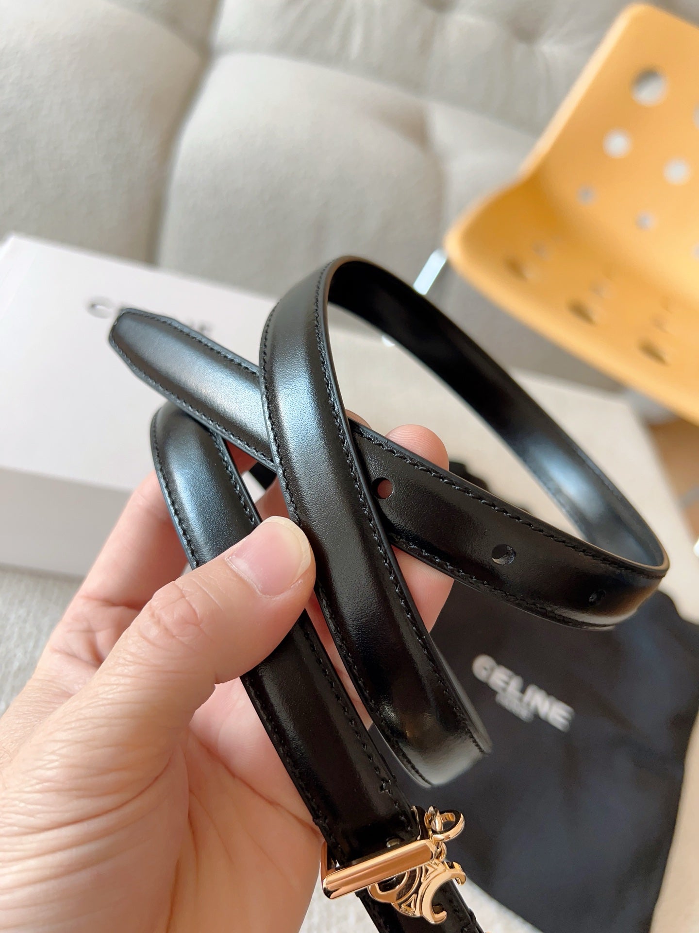 Celine 25S Belt 18Mm In Black Elegant Charm Taurillon Gold Hardware 585792