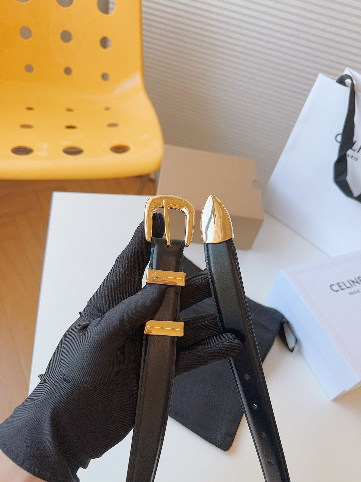 Celine 25S Small 25Mm Western Belt In Black Calfskin 566638