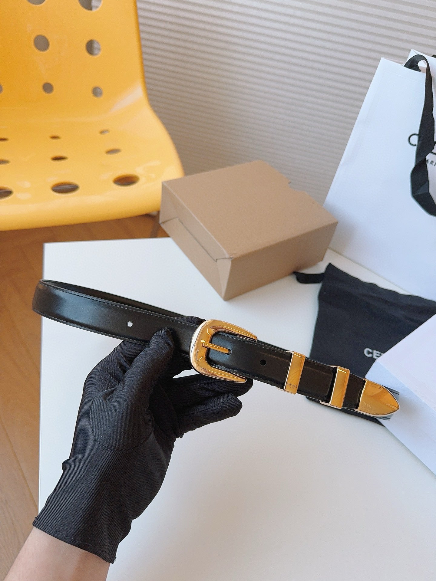 Celine 25S Small 25Mm Western Belt In Black Calfskin 566638