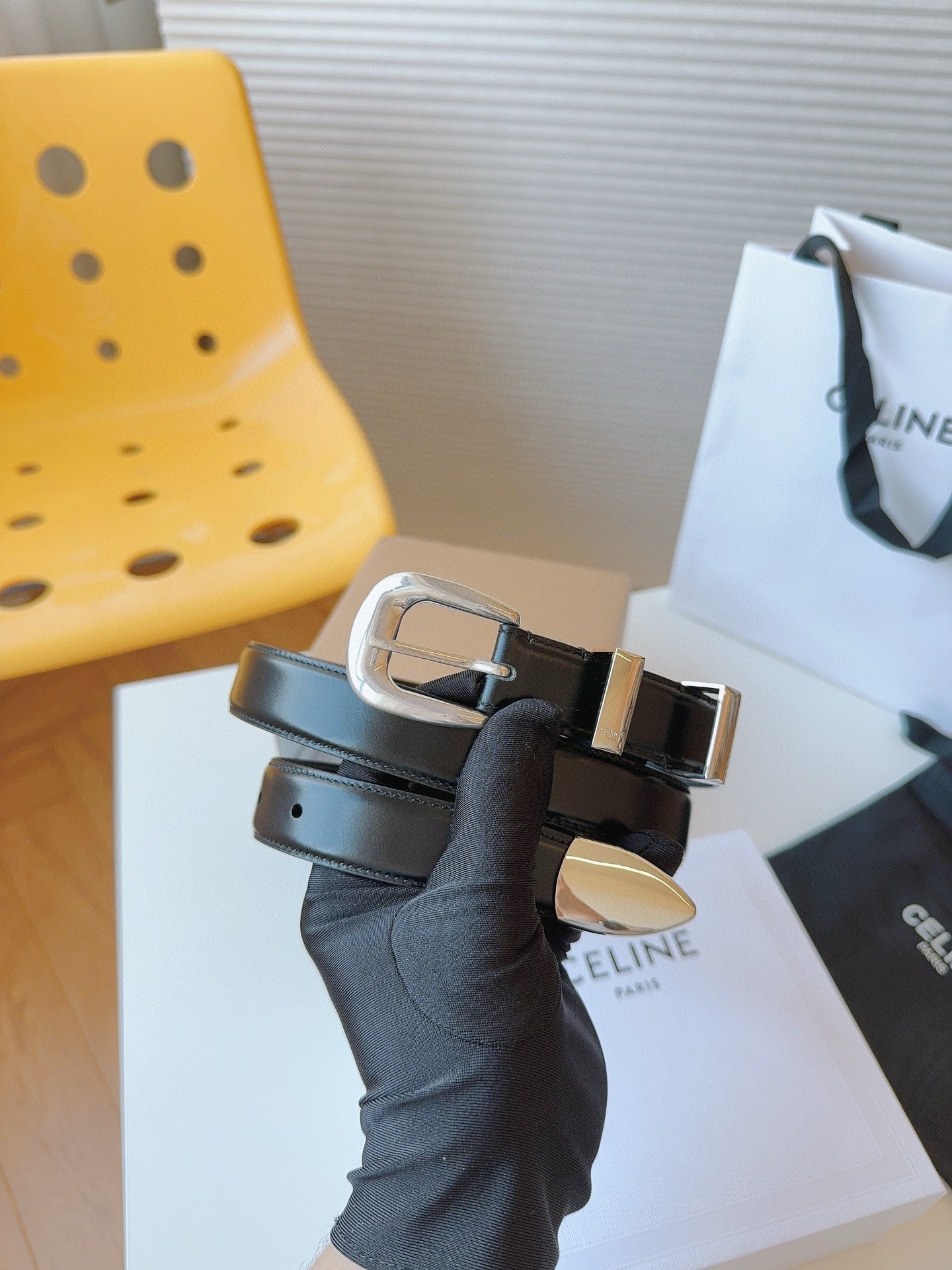 Celine 25S Small 25Mm Western Belt In Black Calfskin 566639