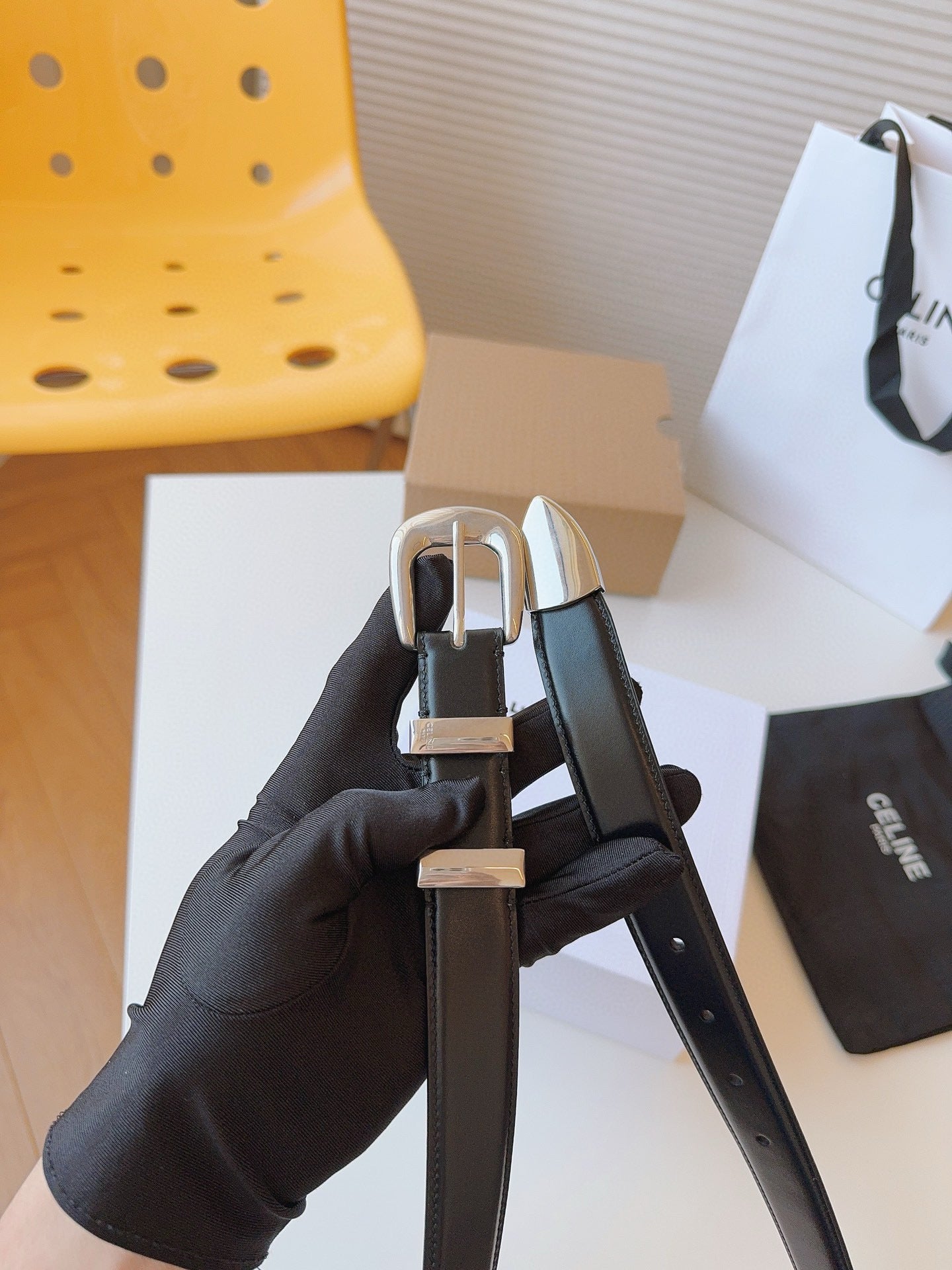 Celine 25S Small 25Mm Western Belt In Black Calfskin 566639