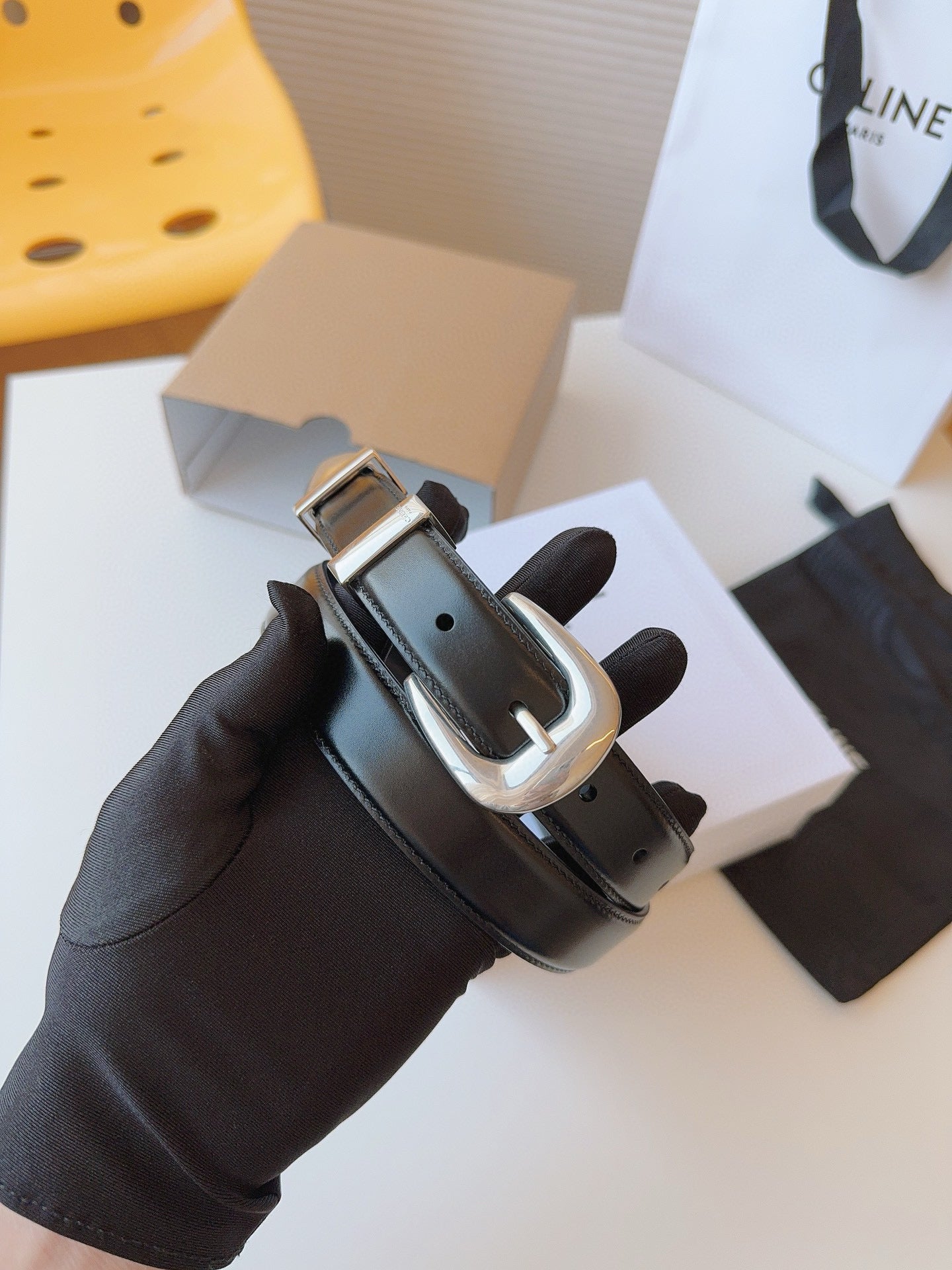 Celine 25S Small 25Mm Western Belt In Black Calfskin 566639