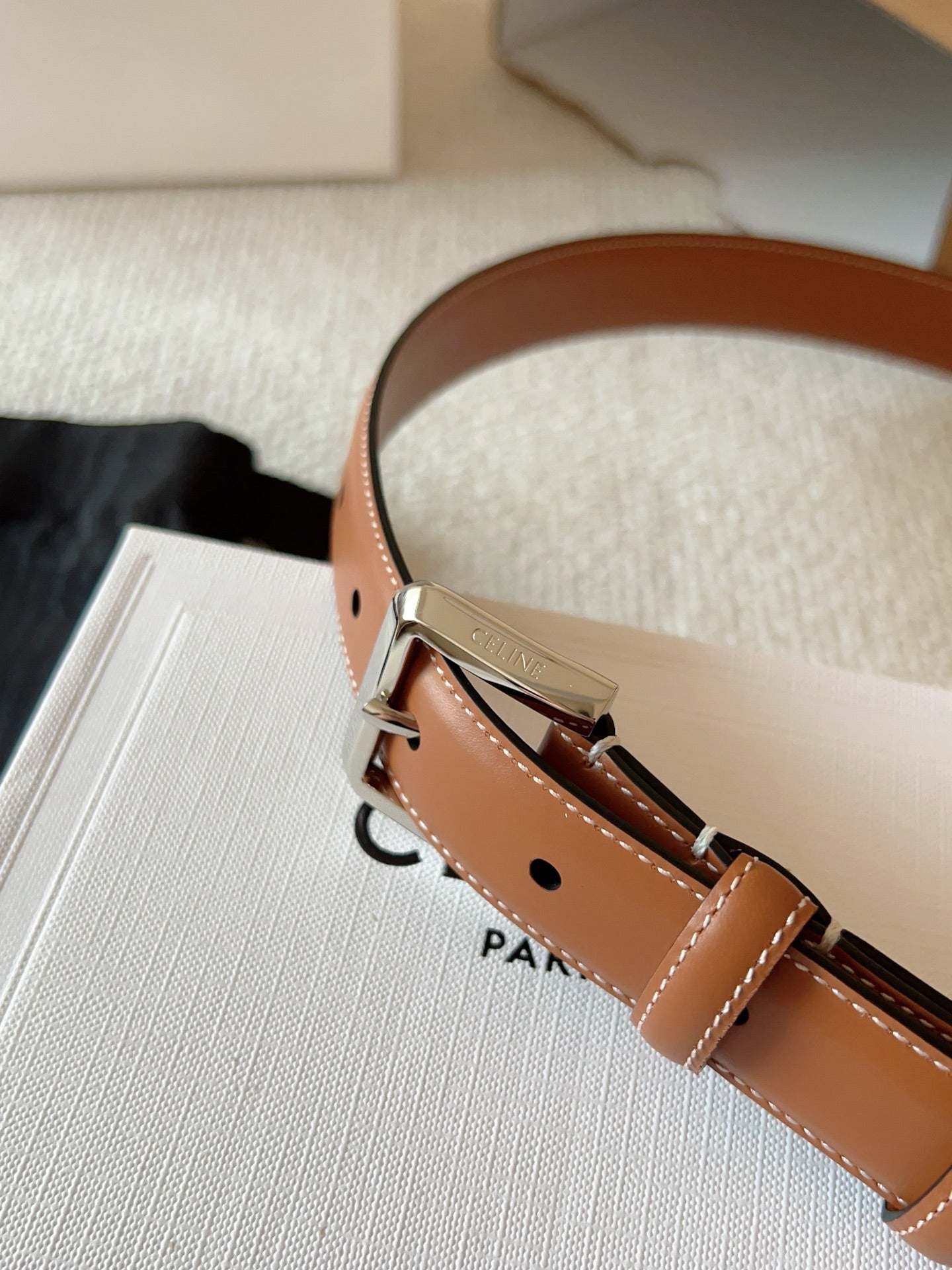 Celine 25S Belt 25Mm In Brown Calfskin Silver Hardware 561793