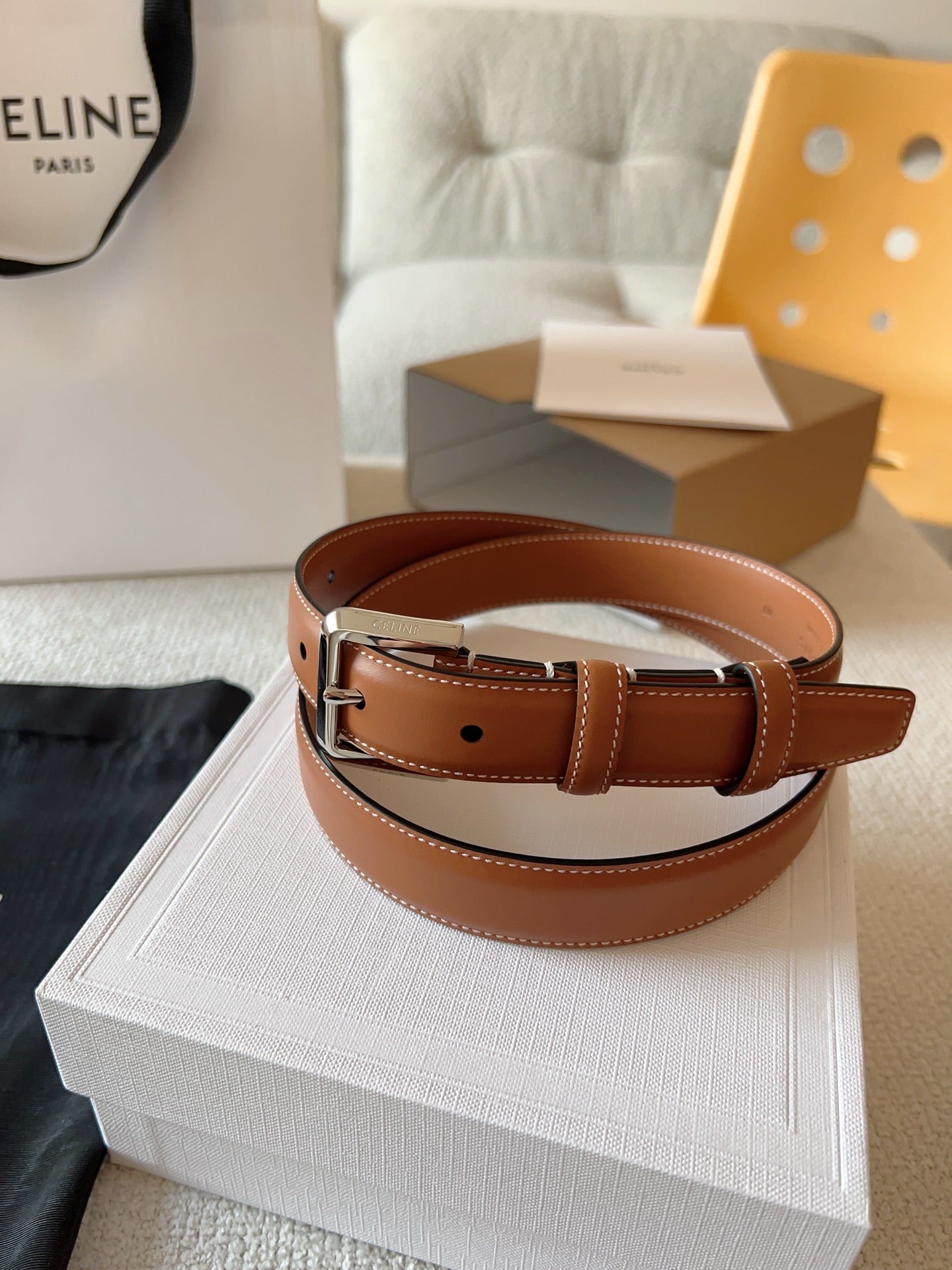 Celine 25S Belt 25Mm In Brown Calfskin Silver Hardware 561793