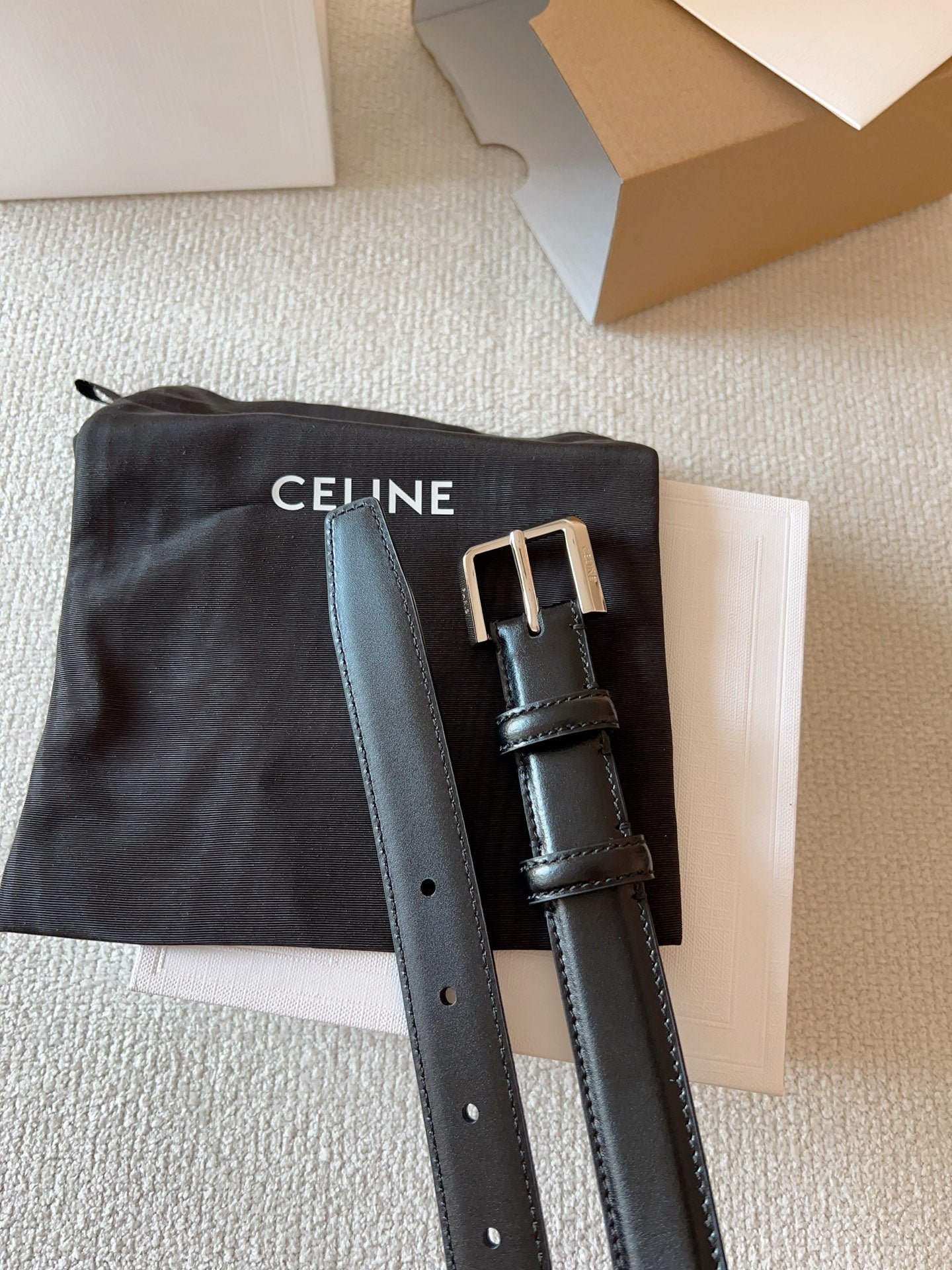 Celine 25S Belt 25Mm In Black Calfskin Silver Hardware 561795