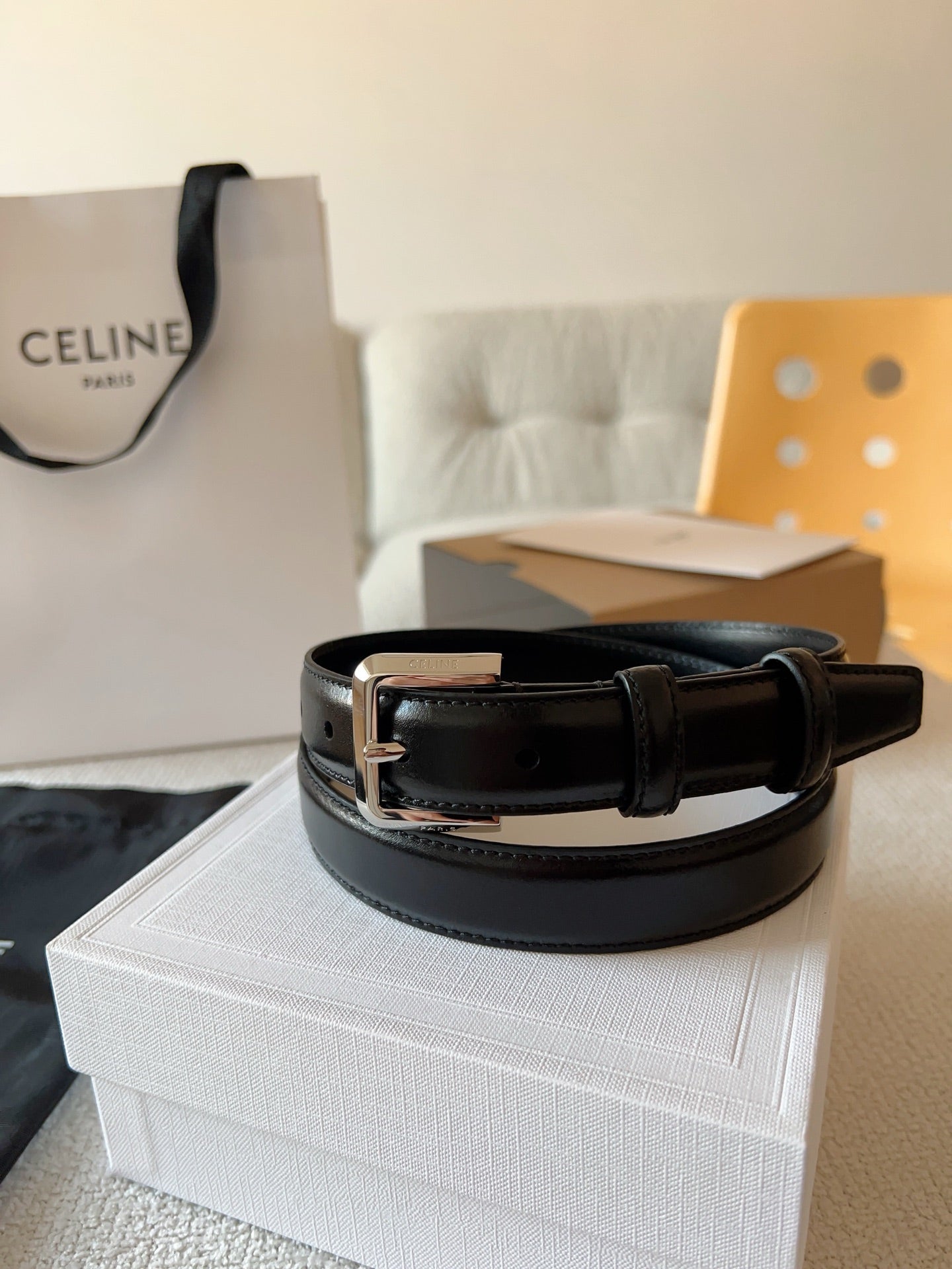 Celine 25S Belt 25Mm In Black Calfskin Silver Hardware 561795