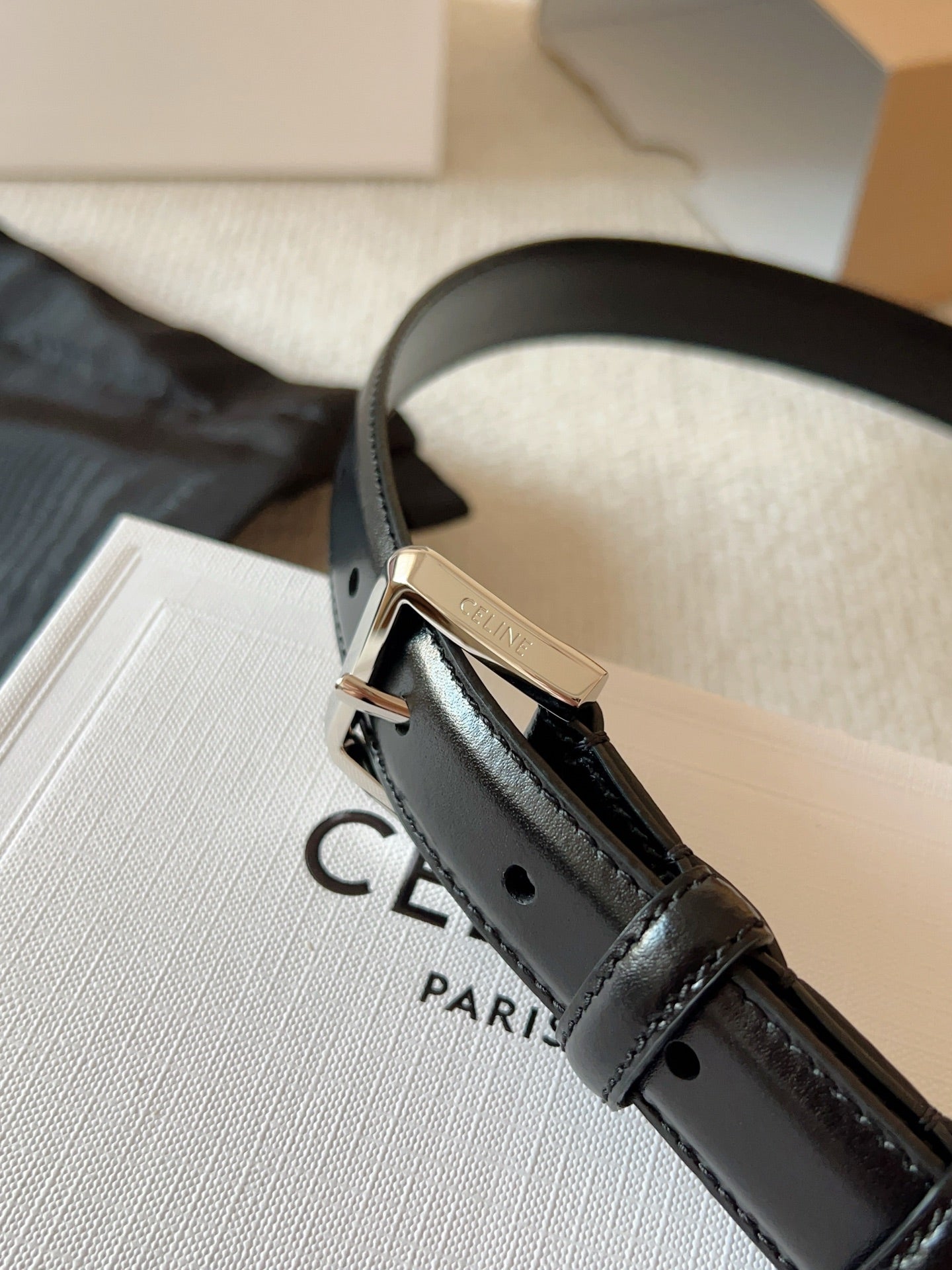 Celine 25S Belt 25Mm In Black Calfskin Silver Hardware 561795