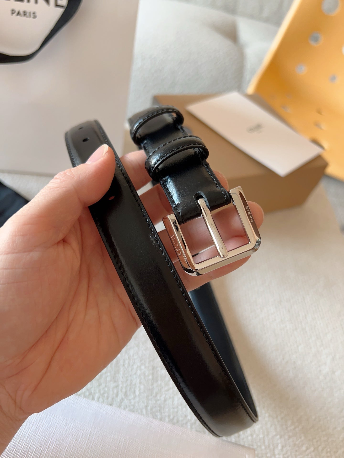 Celine 25S Belt 25Mm In Black Calfskin Silver Hardware 561795