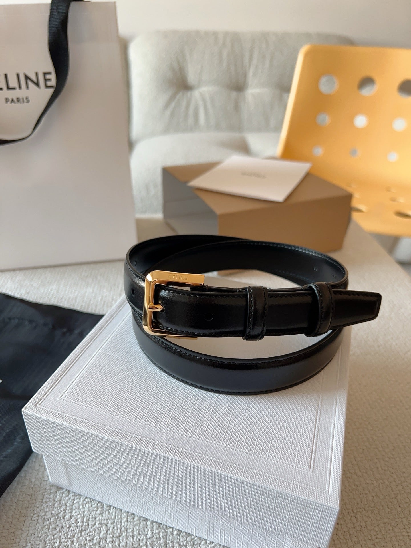 Celine 25S Belt 25Mm In Black Calfskin Gold Hardware 561796