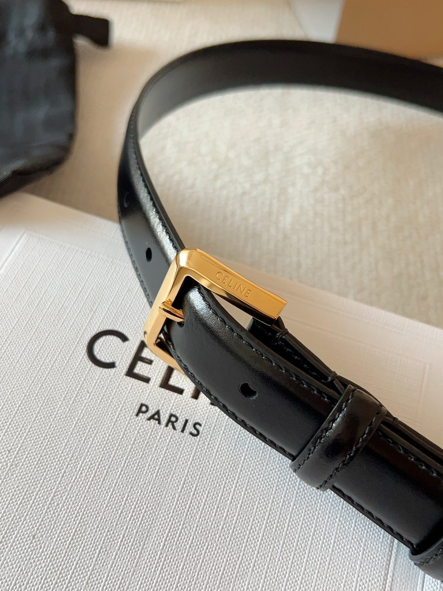 Celine 25S Belt 25Mm In Black Calfskin Gold Hardware 561796