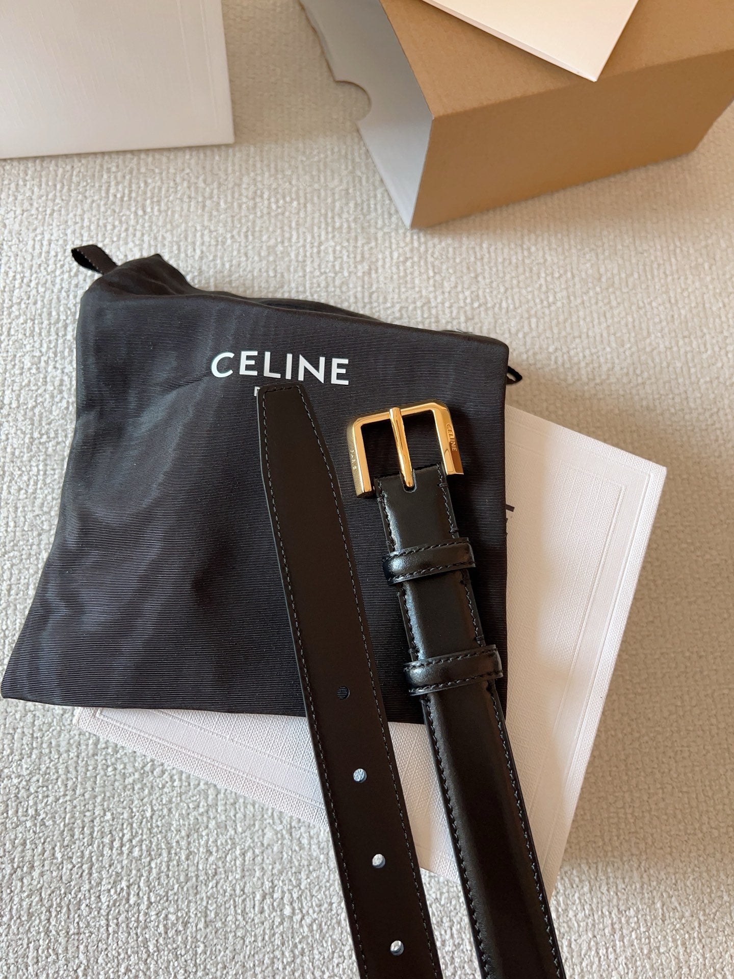 Celine 25S Belt 25Mm In Black Calfskin Gold Hardware 561796
