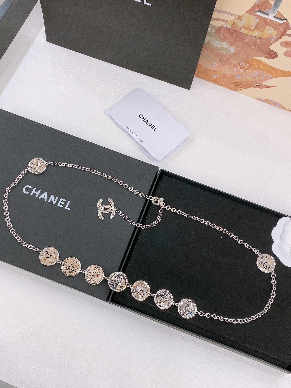 Twisted Chain Belt With Rhinestones And Logo Plate In Silver Tone