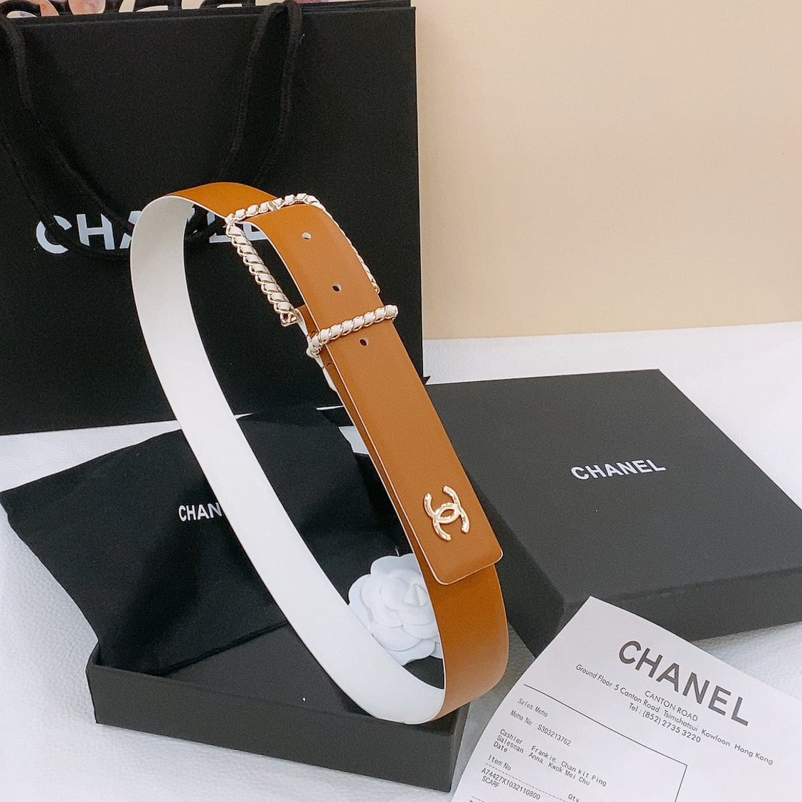 Belt 30Mm In Brown And White Calfskin With Interwoven Gold Chain Buckle