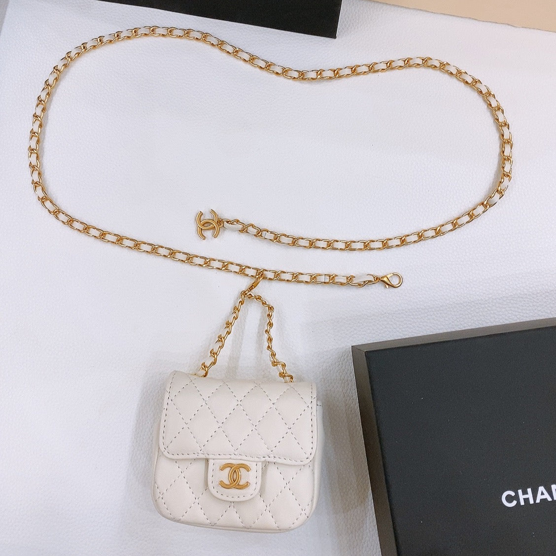 Chain Belt With Gold Metal White Calfskin Interlinking Straps And Mini Bag Attachment