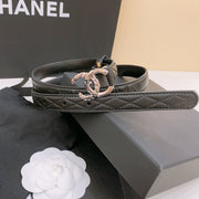 Double C Belt 20Mm In Black Calfskin With Quilted Stitching And Spiral Silver Buckle