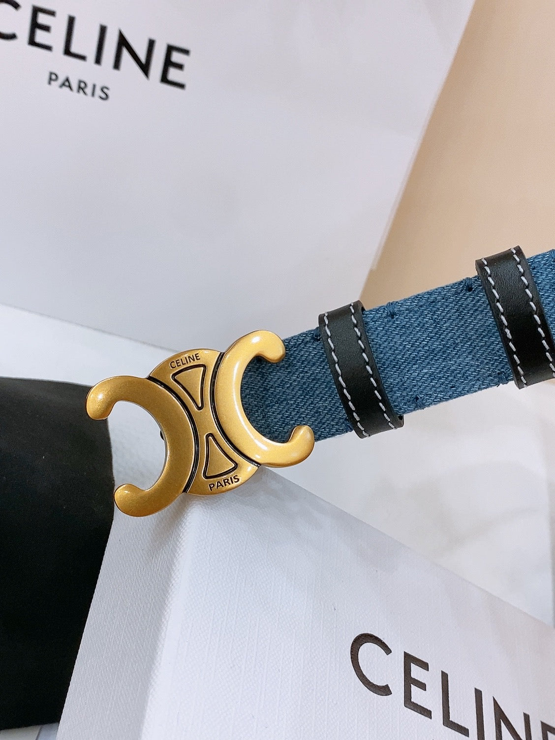 Celine 25S Belt Triomphe Taurillon 25Mm In Black Calfskin And Denim 558345