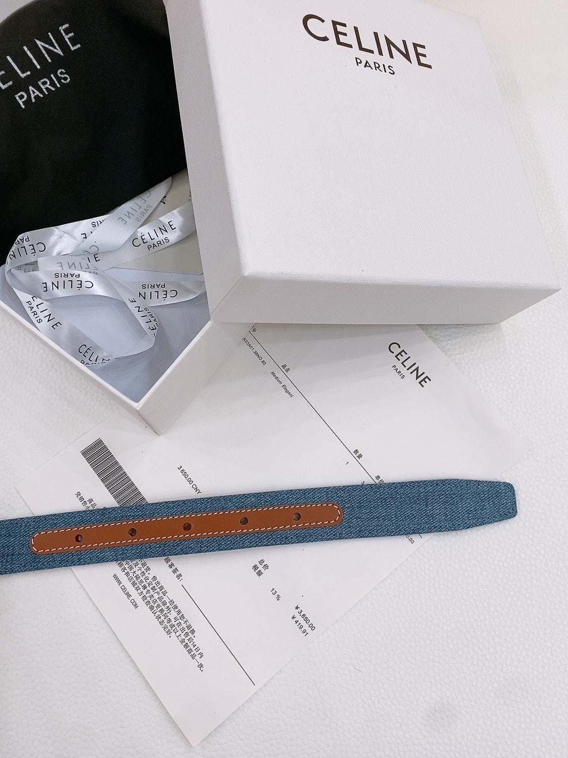 Celine 25S Belt Triomphe Taurillon 25Mm In Brown Calfskin And Denim 558353