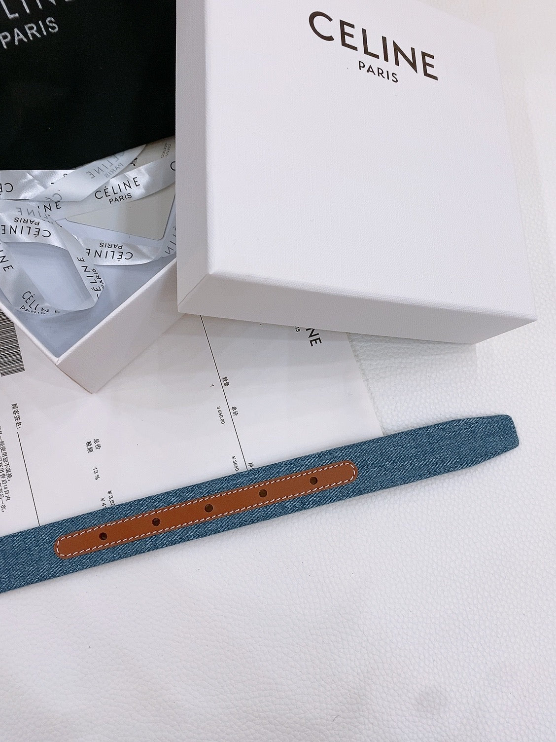 Celine 25S Belt Triomphe Taurillon 25Mm In Brown Calfskin And Denim 558354