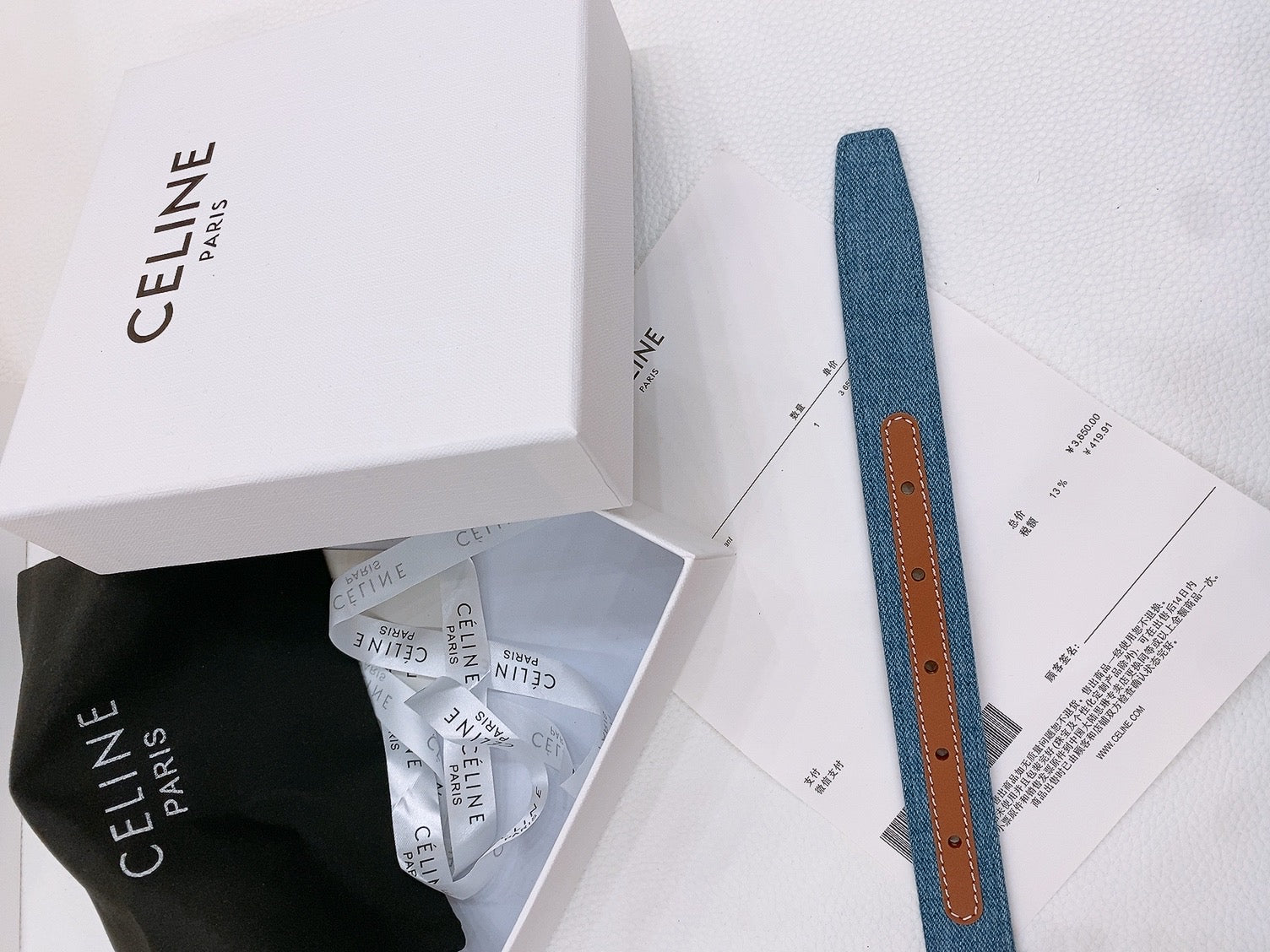 Celine 25S Belt Triomphe Taurillon 25Mm In Brown Calfskin And Denim 558356