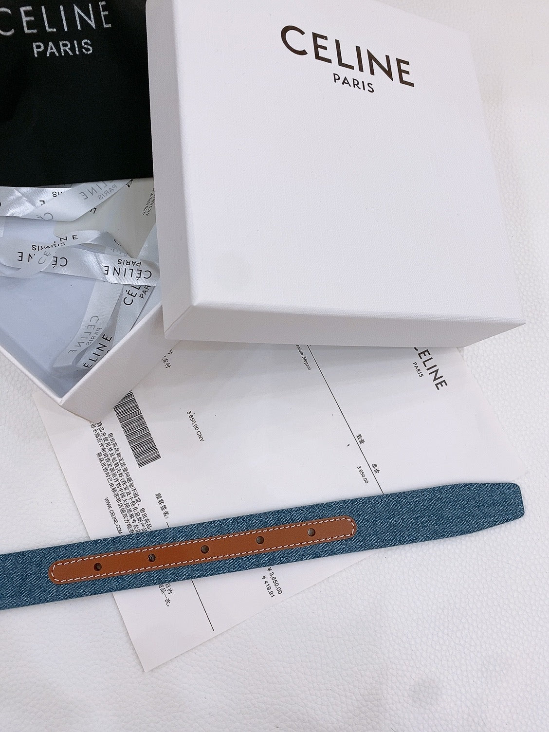 Celine 25S Belt Triomphe Taurillon 25Mm In Brown Calfskin And Denim 558357