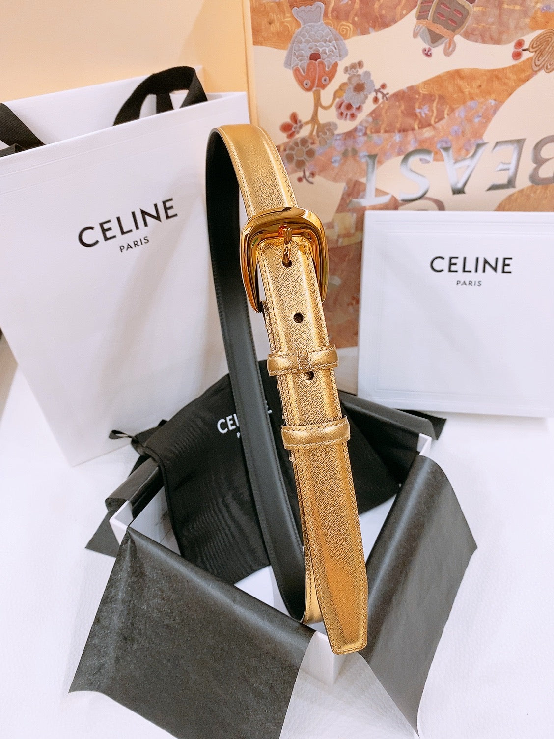 Celine 25S Belt 25Mm With Arc De Triomphe Buckle In Gold 571497