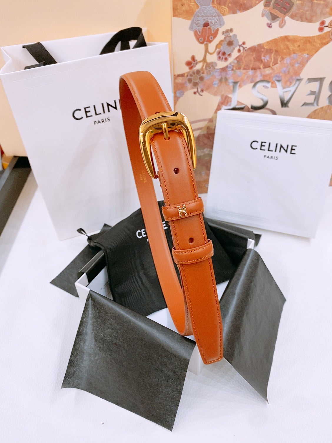 Celine 25S Belt 25Mm With Arc De Triomphe Buckle In Dark Caramel 571499