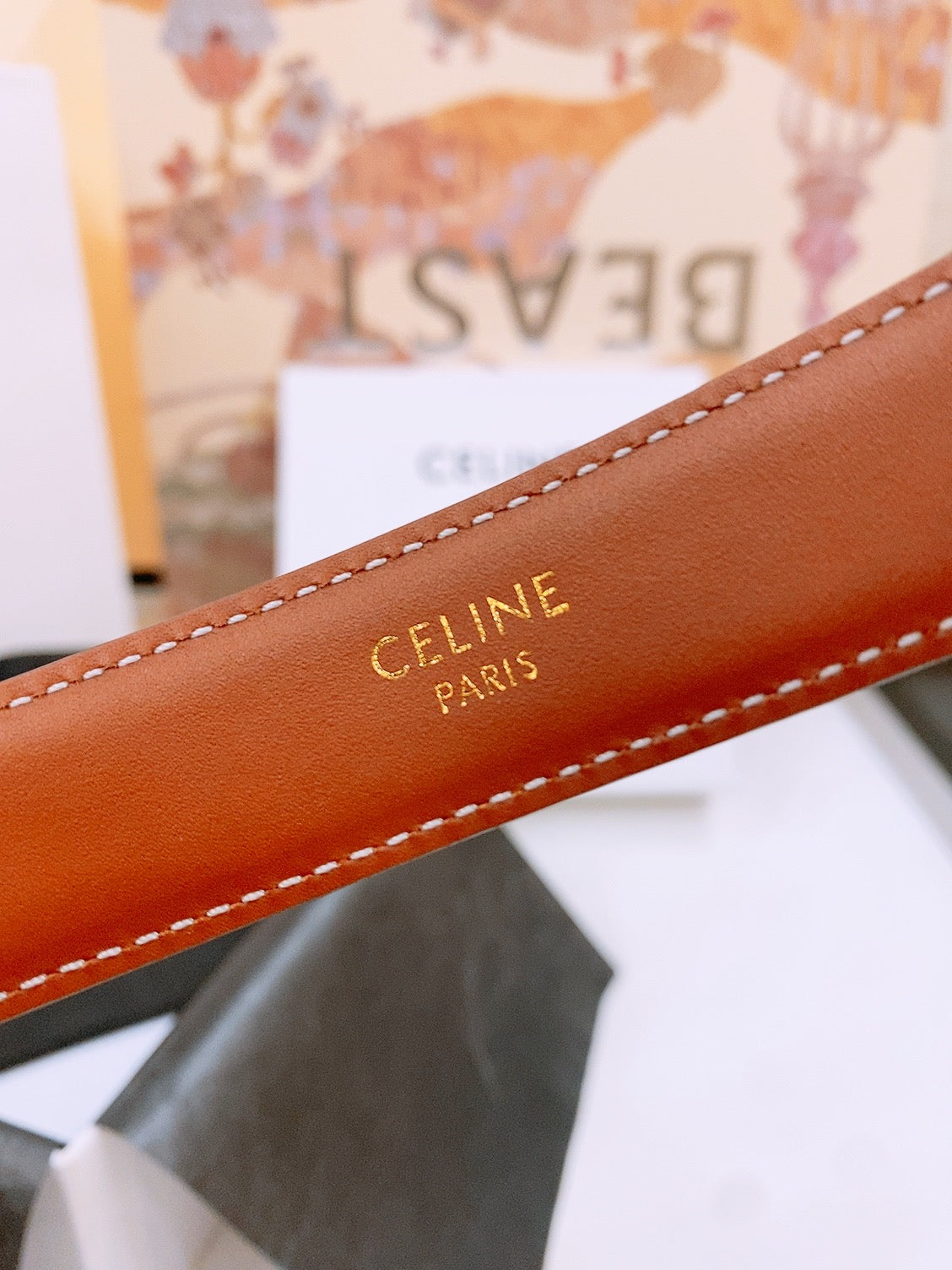 Celine 25S Triomphe Belt 25Mm In Dark Caramel Calfskin Debossed Logo 570964