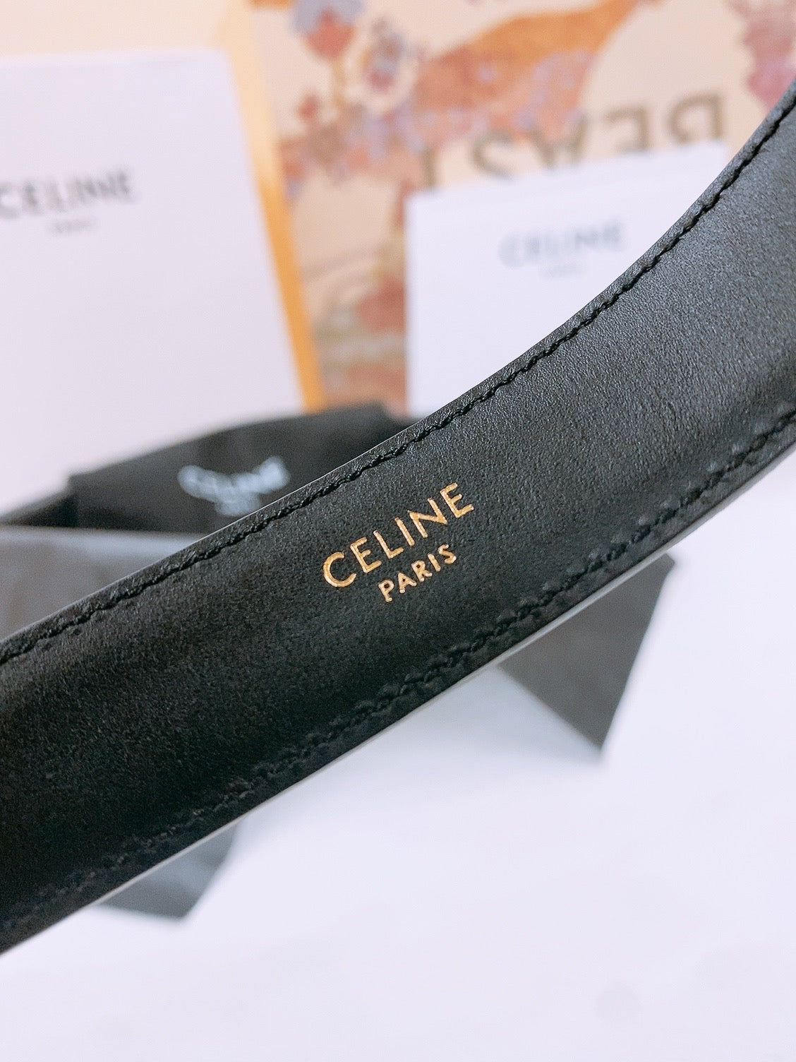 Celine 25S Triomphe Belt 25Mm In Black Calfskin Debossed Logo 570965
