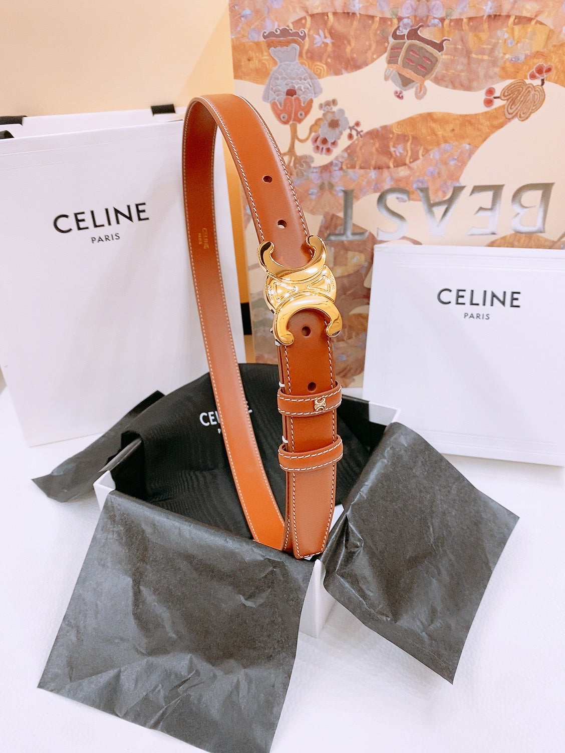 Celine 25S Triomphe Belt 25Mm In Dark Caramel Calfskin Gold Hardware 570967