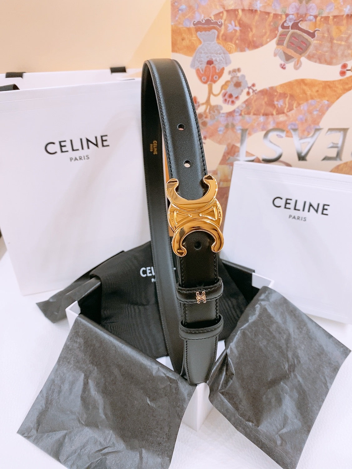 Celine 25S Triomphe Belt 25Mm In Black Calfskin Gold Hardware 570969