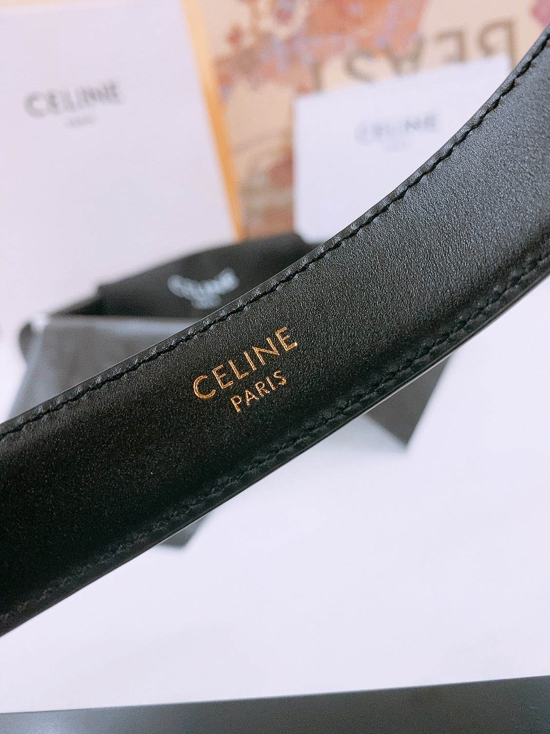 Celine 25S Triomphe Belt 25Mm In Black Calfskin Gold Hardware 570969